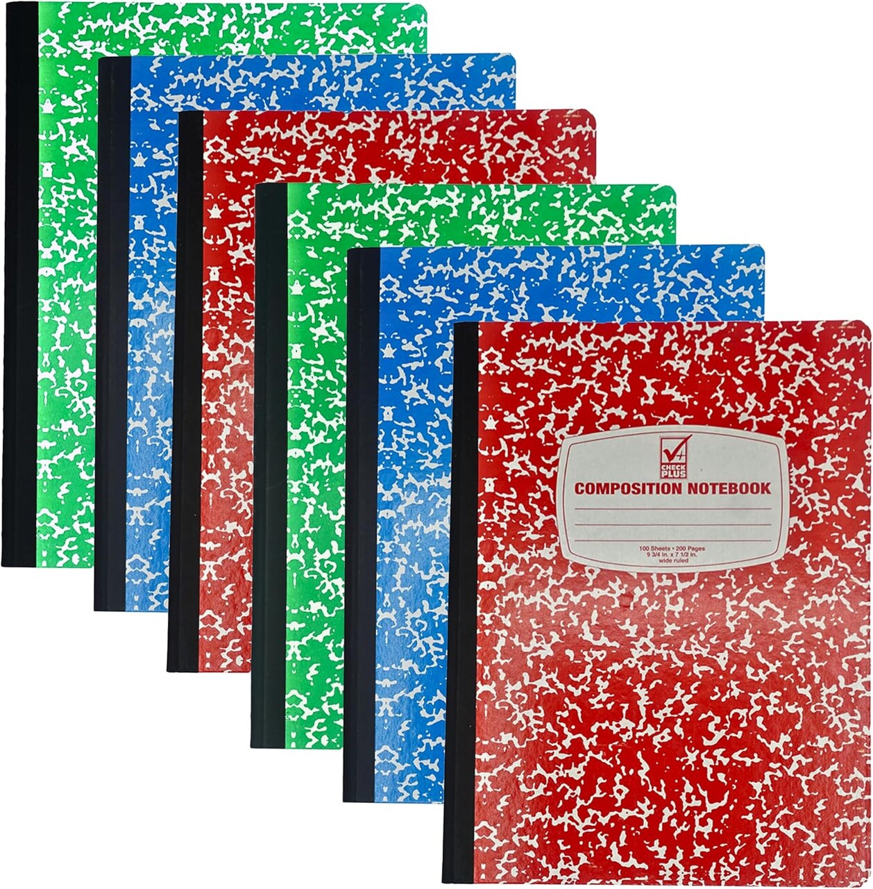 4E's Novelty Wide Ruled Composition Notebooks - Pack of 6- Hard Cover 100 Sheets 9.75" x 7.5" - Red Blue Green Cute Marble Colors, Bulk Compositon Book Wide Ruling, Back to School Supplies